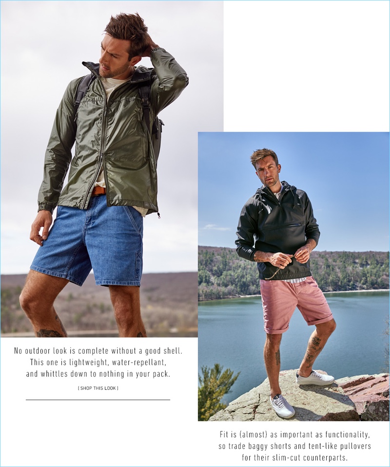 Left to Right: Going casual, Rafael Lazzini wears a Canada Goose jacket $350, Aime Leon Dore tee $65, and A.P.C. denim shorts $190. The Brazilian model also sports a Maximum Henry wide standard leather belt $125 and Tumi Ashton leather Morrison backpack $895. Wearing active styles, Rafael sports a RVCA jacket $100, an Our Legacy stripe shirt $223, Stüssy beach shorts $70, and Zespa leather sneakers $277.