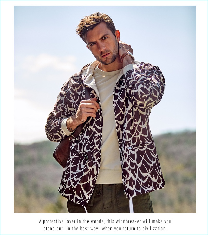Front and center, Rafael Lazzini wears a Marni flutter print windbreaker $1,465, Reigning Champ sweatshirt $100, and Vince drawstring shorts $185. Rafael also sports a J.W. Huime Co. backpack $795 and a Shinola watch $675.