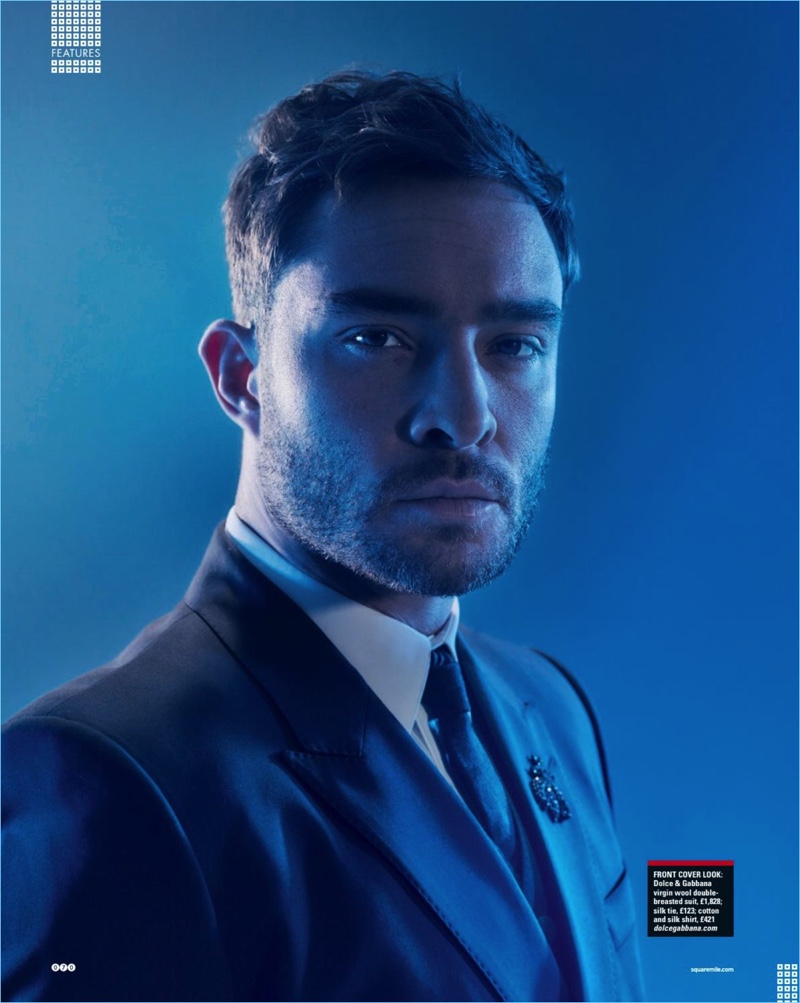 O ator Ed Westwick usa a alfaiataria Dolce & Gabbana para a Square Mile.