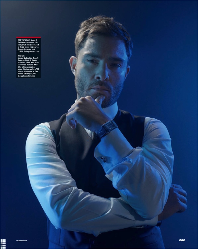 Starring in a new photo shoot, Ed Westwick dons a Jaeger-LeCoultre watch with a waistcoat and shirt by Dolce & Gabbana.