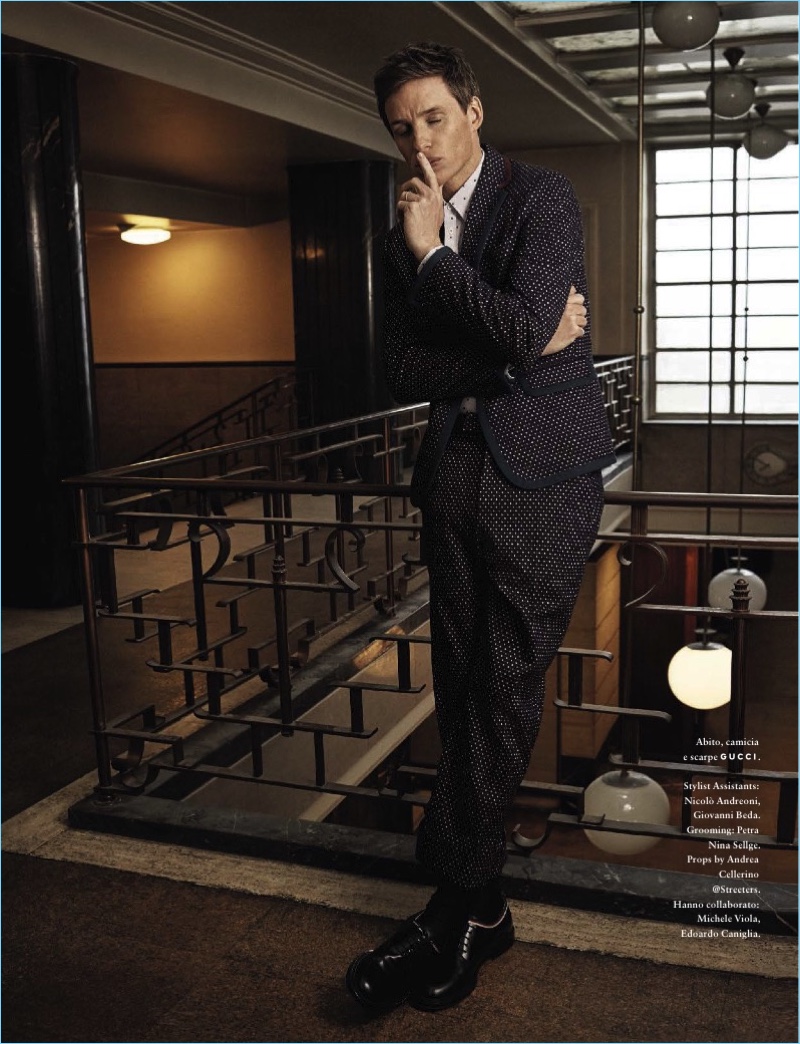 Starring in a GQ Italia photo shoot, Eddie Redmayne wears a micro dot print suit and shirt from Gucci.