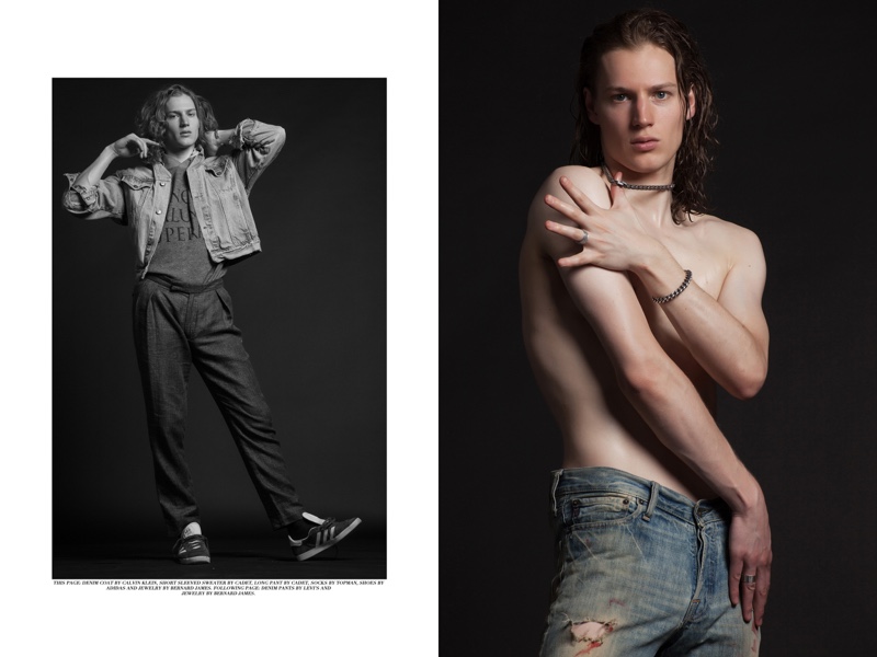 Left: Felix wears denim coat Calvin Klein, socks Topman, shoes Adidas, jewelry Bernard James, short-sleeve sweater and pants Cadet. Right: Felix wears denim jeans Levi's and jewelry Bernard James.