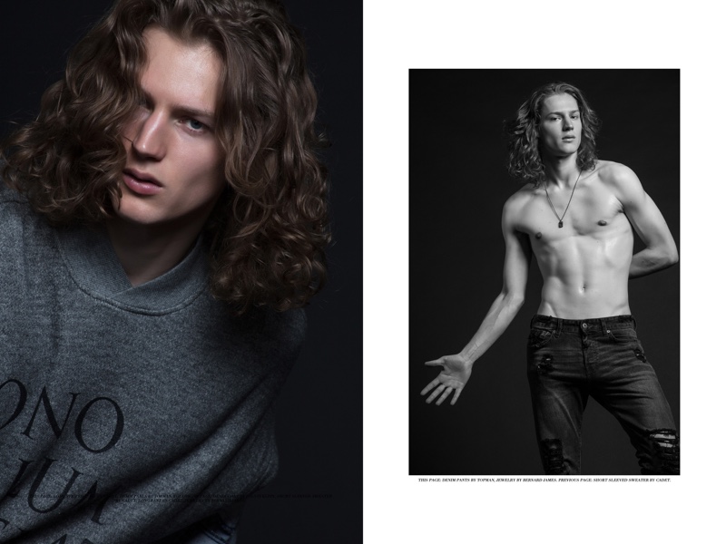 Left: Felix wears short-sleeve sweater Cadet. Right: Felix wears denim jeans Topman and jewelry Bernard James.