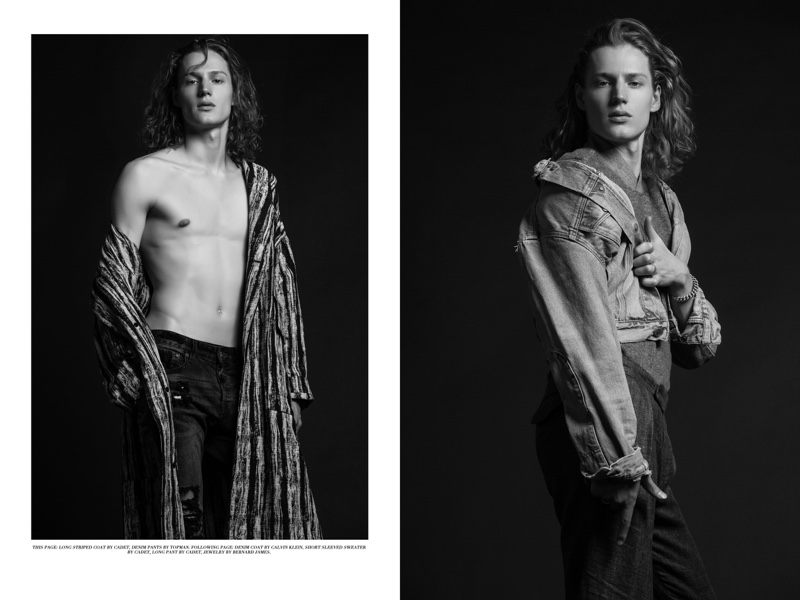 Left: Felix wears striped coat Cadet and denim jeans Topman. Right: Felix wears denim coat Calvin Klein, jewelry Bernard James, short-sleeve sweater and pants Cadet.