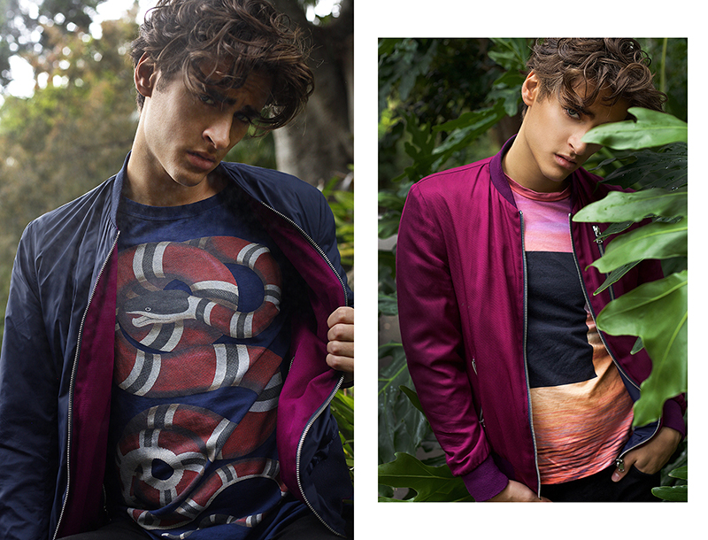 Guy Vadas makes a case for Calibre's reversible bomber jacket. Pictured left, Guy wears a Gucci t-shirt, while right, he models a Calvin Klein tee.