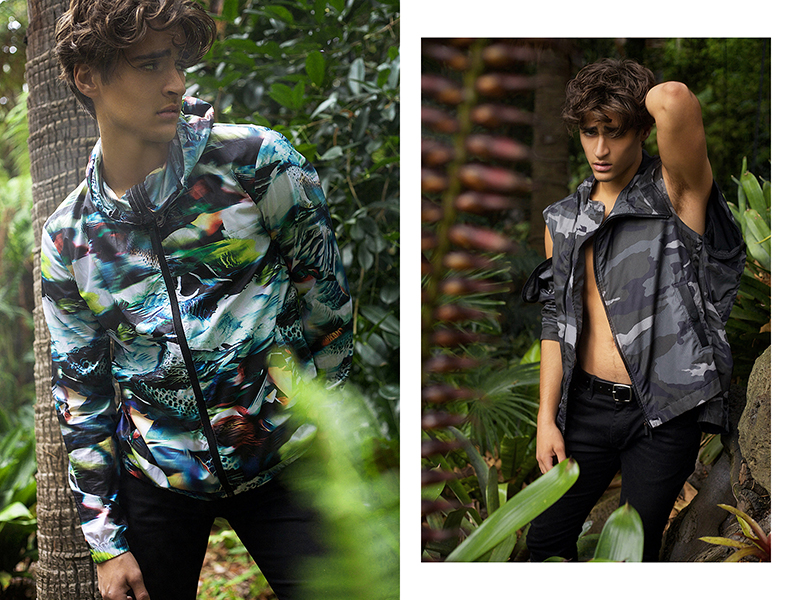 Left: Guy Vadas rocks a Puma by Hussein Chalayan bird camo windbreaker with a Gucci t-shirt. Right: Guy goes sporty in an Emporio Armani camo jacket with detachable sleeves.
