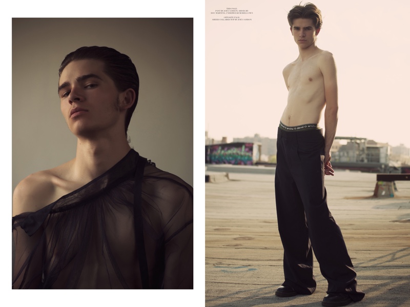 Left: Noah wears sheer top Joey Samson. Right: Noah sports pants Joey Samson, shoes Dr Martens and underwear model's own.