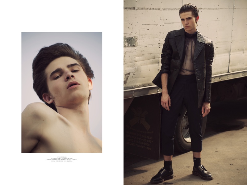 Noah wears leather jacket Kenneth Ning, sheer top and pants Joey Samson, socks and shoes Dr Martens.