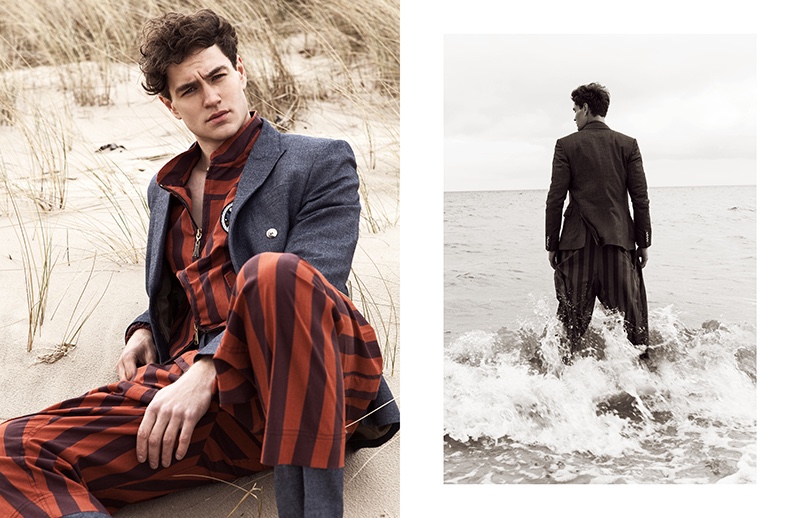 Left: Making a striped statement, Philipp wears a Vivienne Westwood jacket and trousers with a classic suit by Darkoh. Right: Philipp dons striped Vivienne Westwood pants with a Darkoh jacket.