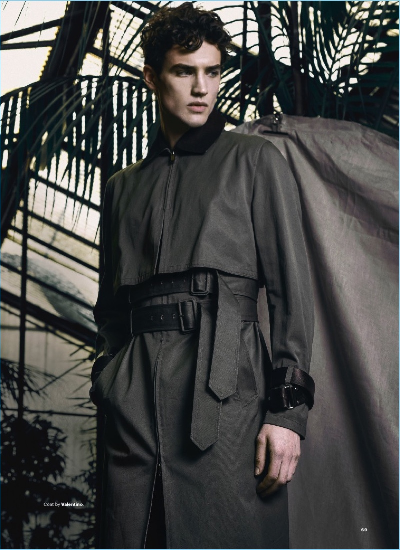 A striking vision, Federico Novello wears a Valentino coat.
