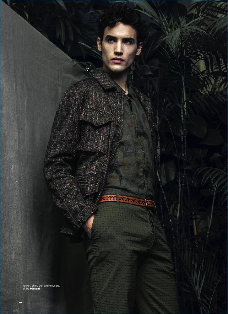 Federico Novello sports a shirt, jacket, belt, and trousers by Missoni.