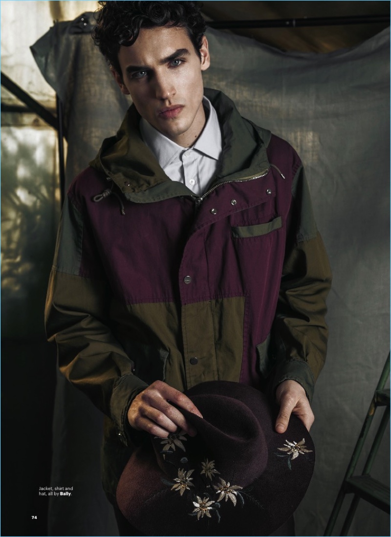 Model Federico Novello rocks a shirt, hat, and jacket from Bally.