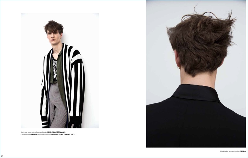 Left: Felix Gesnouin wears a striped Haider Ackermann jacket with Prada pants and a Givenchy tank. Right: Felix rocks a Prada jacket.