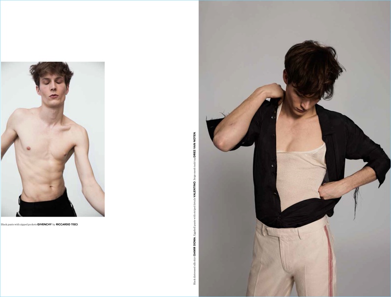 Left: Felix Gesnouin wears Givenchy pants. Right: Embracing neutrals, Felix sports a Damir Doma shirt with Valentino trousers and a Dries Van Noten tank.