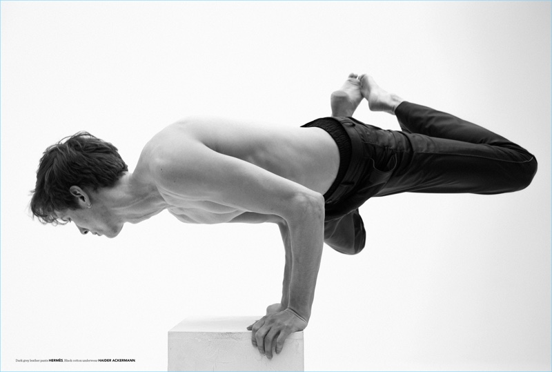 French model Felix Gesnouin wears Hermes pants with Haider Ackermann underwear.