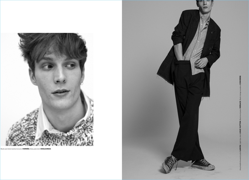 Left to Right: Felix Gesnouin wears a Hermes sweater with a Dsquared2 shirt. Embracing oversized tailoring, Felix dons a double-breasted Lanvin jacket with a Louis Vuitton shirt, Versace trousers, and Converse sneakers.
