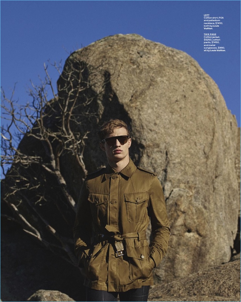 Embracing a safari-inspired look, Julian Schneyder rocks a field jacket by Louis Vuitton.