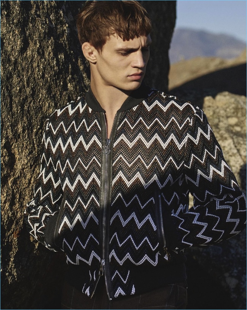 Making a graphic statement, Julian Schneyder wears a chevron bomber jacket from Louis Vuitton.