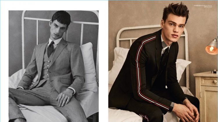 Left: David Trulik wears a three-piece suit by BOSS. Right: Filip Hrivnak wears Dior Homme and Paul Smith.