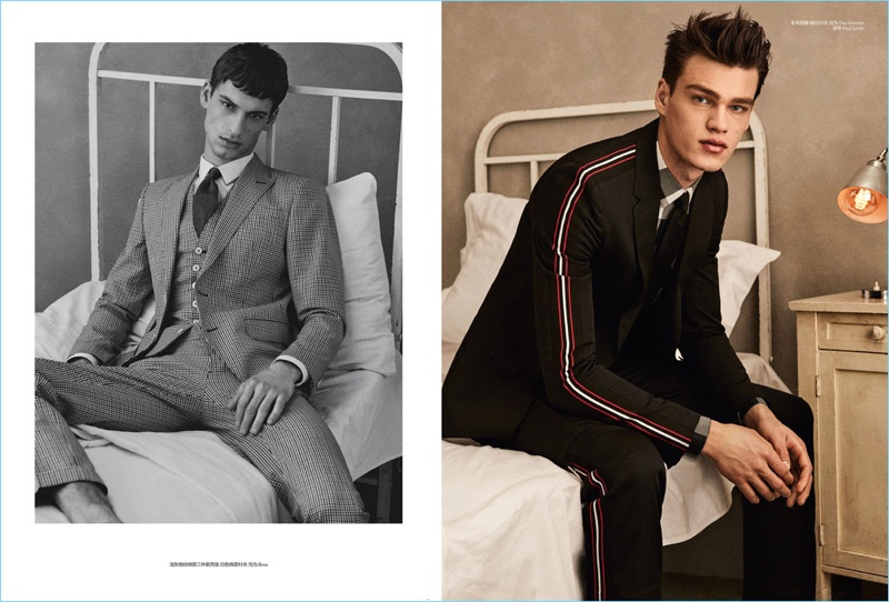 Left: David Trulik wears a three-piece suit by BOSS. Right: Filip Hrivnak wears Dior Homme and Paul Smith.