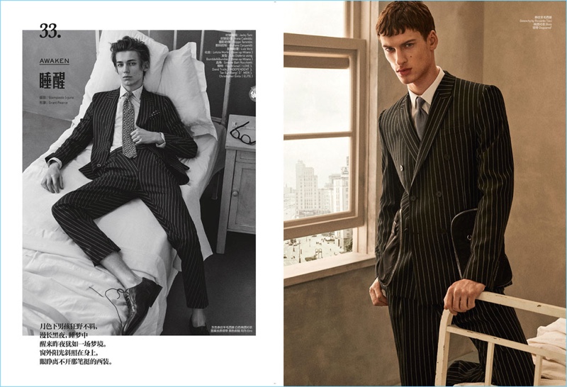 Left: Christopher Einla dons Etro. Right: David Trulik is dashing in Givenchy, BOSS, and Dsquared2.