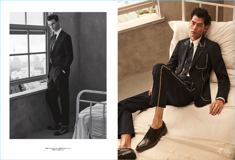  Left: Filip Hrivnak is dashing in Ermenegildo Zegna, Ralph Lauren, Etro, and Canali. Right: Tae Eun Bang dons Louis Vuitton, Dsquared2, and Ralph Lauren.