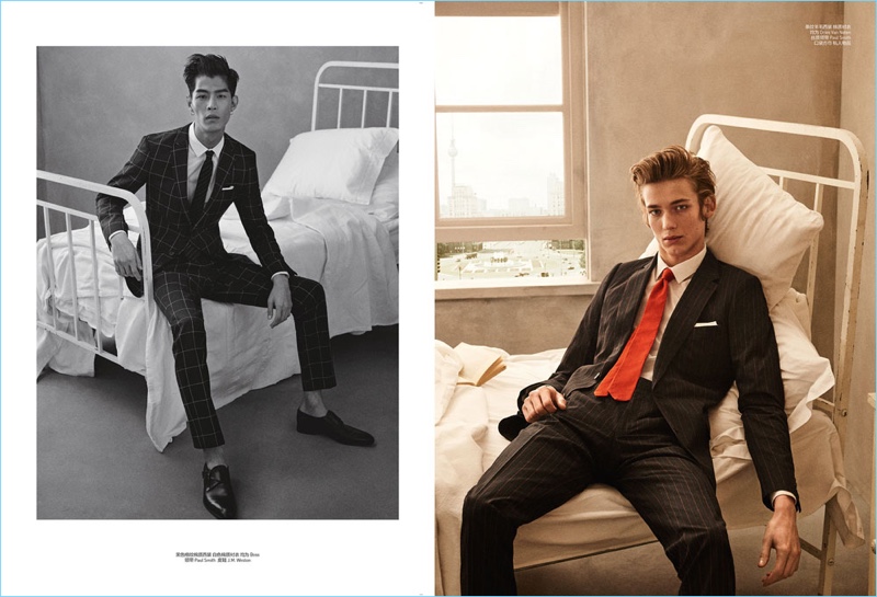 Left: Tae Eun Bang wears BOSS, Paul Smith, and J.M. Weston. Right: Christopher Einla models Dries Van Noten and Paul Smith.