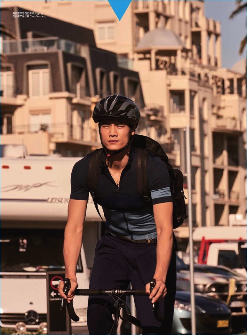 Hao Yun Xiang goes bike riding in a Rapha top with Club Monaco pants.