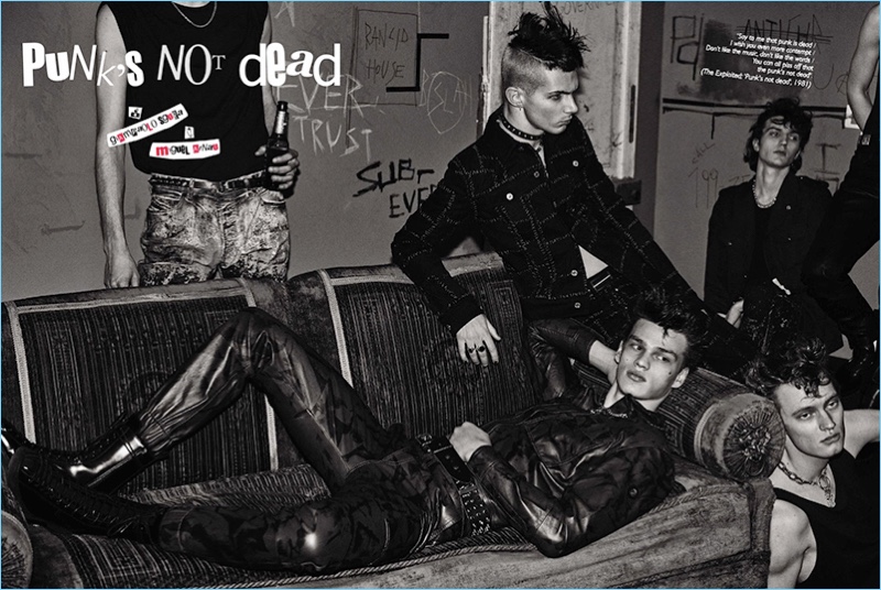 Filip Hrivnak, Jacopo Olmo, Leonardo Gaist and Thom star in a punk-inspired fashion editorial for GQ España.