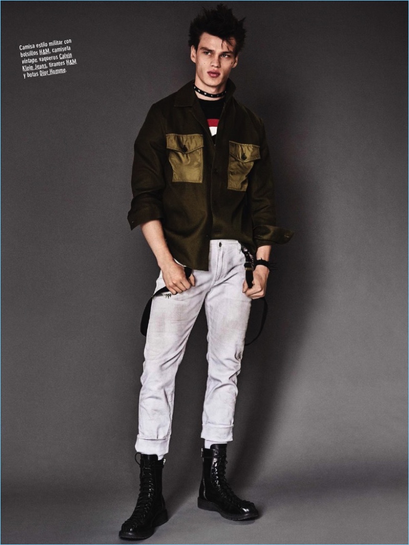 Model Filip Hrivnak sports a H&M overshirt with a vintage tee, Calvin Klein Jeans denim, and Dior Homme boots.