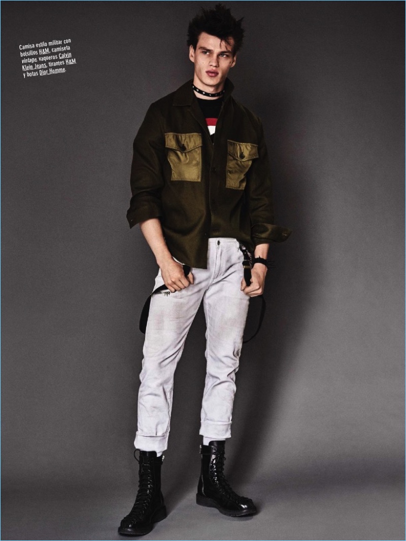 Model Filip Hrivnak sports a H&M overshirt with a vintage tee, Calvin Klein Jeans denim, and Dior Homme boots.