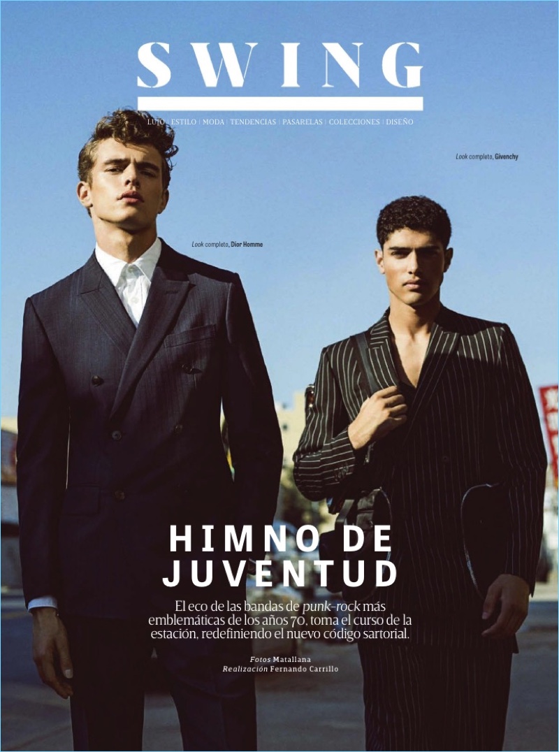 Left to Right: Jordy Baan wears a double-breasted suit and shirt by Dior Homme. Torin Verdone sports a pinstripe Givenchy suit.