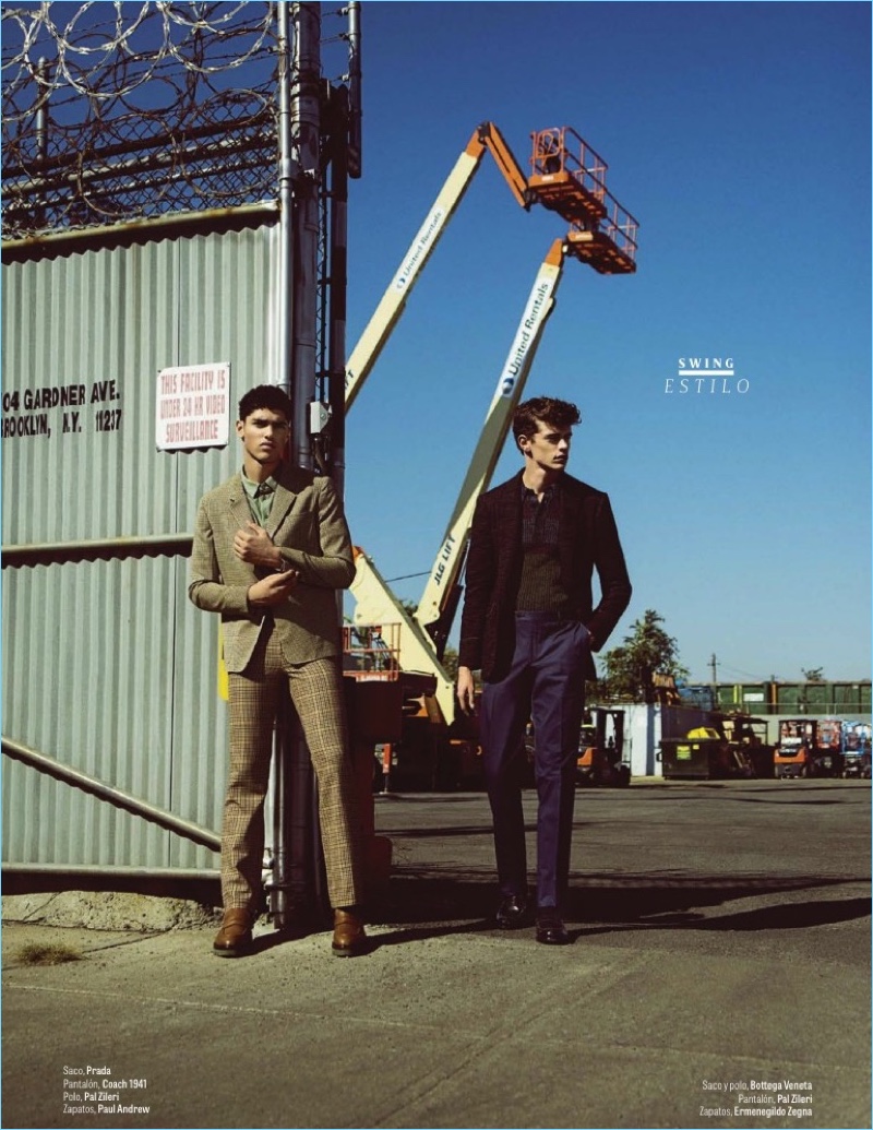 Left to Right: Torin Verdone wears a Prada blazer with Coach 1941 trousers, a Pal Zileri polo, and Paul Andrew shoes. Jordy Baan sports a jacket and polo by Bottega Veneta with Pal Zileri pants. He also dons Ermenegildo Zegna shoes.