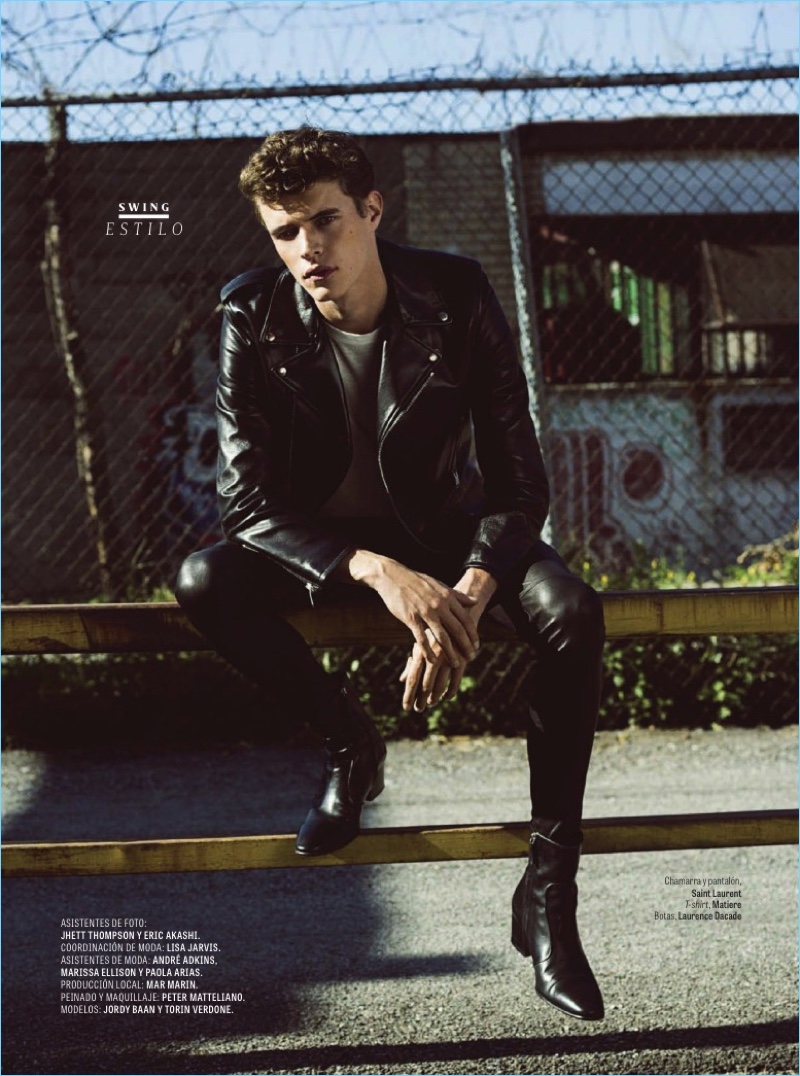 Embracing a leather look by Saint Laurent, Jordy Baan also wears a Matiere t-shirt and Laurence Dacade boots.