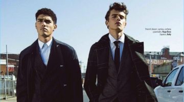Swing: Jordy Baan & Torin Verdone for GQ México Left to Right: Torin Verdone models an Off-White trench coat with a 3.1 Phillip Lim suit, Calvin Klein shirt, and Ermenegildo Zegna shoes. Jordy Baan sports a Hugo Boss look with Bally shoes.