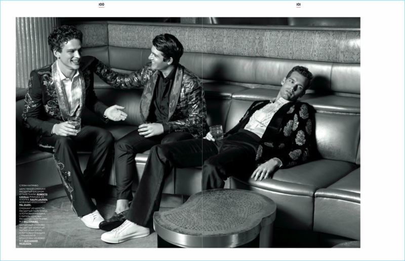 Enjoying drinks, Simon Nessman, Justin Hopwood, and Sean Harju appear in a story for GQ Style Russia. 