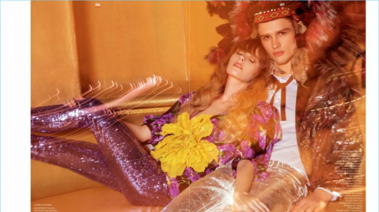 Models Grace Corton and Simon Nessman pose for the pages of GQ Style Russia. Simon wears a look by Dsquared2 and Gucci.