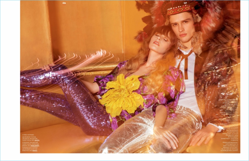 Models Grace Corton and Simon Nessman pose for the pages of GQ Style Russia. Simon wears a look by Dsquared2 and Gucci.