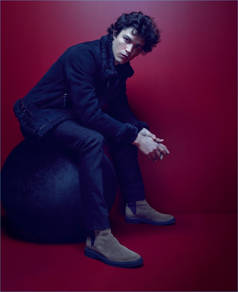 Miles McMillan wears Giuseppe Zanotti's Clyde suede boots for the brand's fall-winter 2017 campaign.