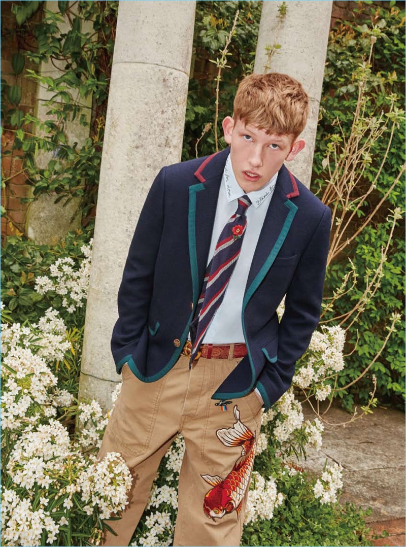 Connor Newall rocks a preppy look from Italian fashion house Gucci.