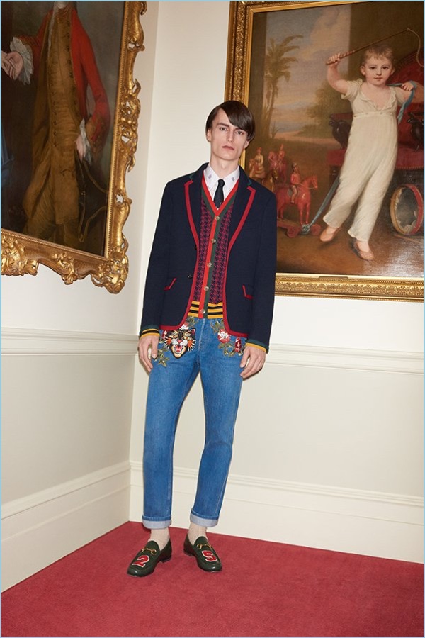 Gucci puts its stamp on preppy style with a Cambridge contrast-tipped blazer $1,990. Complete the look with a Gucci webbing-trimmed houndstooth wool cardigan $1,300, jacquard shirt $540, embroidered jeans $1,250, leather loafers $695, and tie $200.