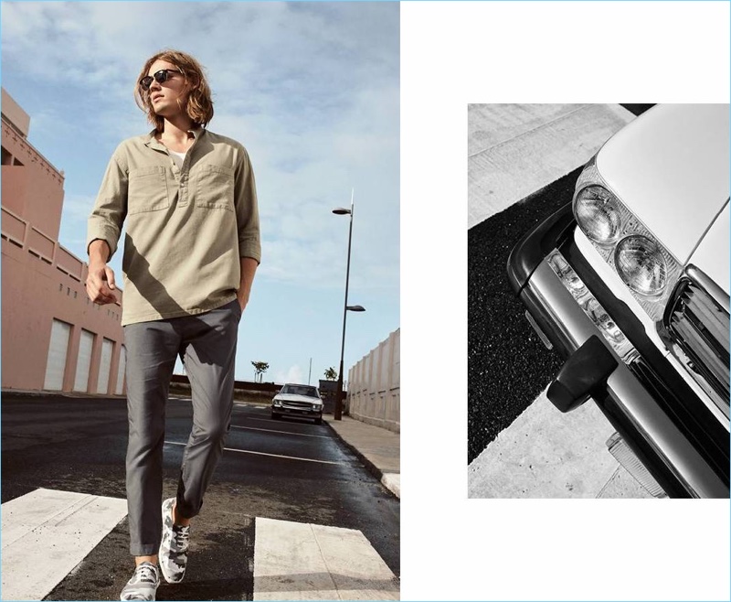 Walking outdoors, Ton Heukels wears a H&M linen-blend shirt $34.99, tank $17.99, chinos $29.99, and camouflage print espadrilles $17.99.
