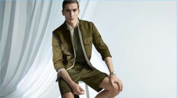 S/S '17 Trends: Matvey Lykov Rocks H&M's Must-Have Styles H&M champions the military trend with green fashions. Matvey Lykov wears a utility jacket with a pima cotton shirt and chino shorts.