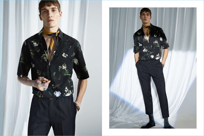 Swedish brand H&M makes a case for peacocking with its latest selection. Front and center, Matvey Lykov dons a short-sleeve printed shirt $39.99, cropped wool trousers $59.99, and leather sandals $34.99.