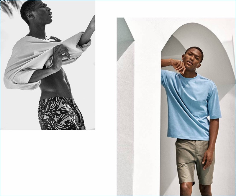 Left to Right: Hamid Onifade wears a H&M short-sleeved sweatshirt $19.99 with knee-length cotton shorts $24.99. He also wears an oversized t-shirt $19.99 with short cotton shorts $24.99.