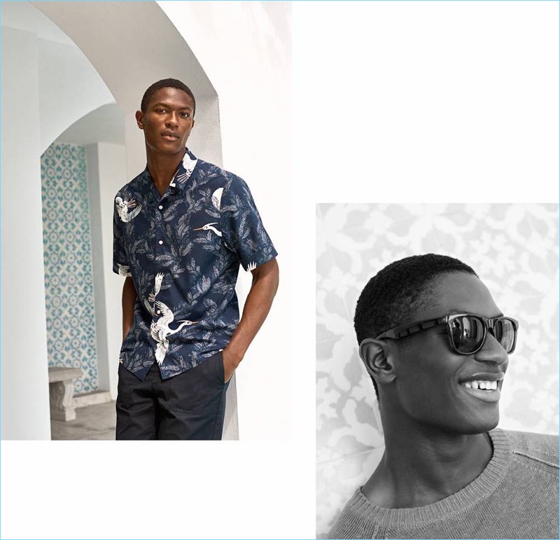 Left to Right: Hamid Onifade wears a resort shirt $24.99 with short chino shorts $19.99. The leading model also sports a linen sweater $34.99.