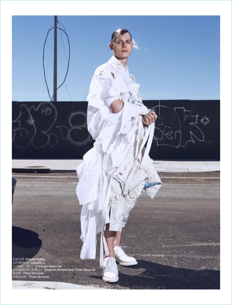 Janis Ancens is a standout in white fashions from labels like Thom Browne and Emporio Armani.