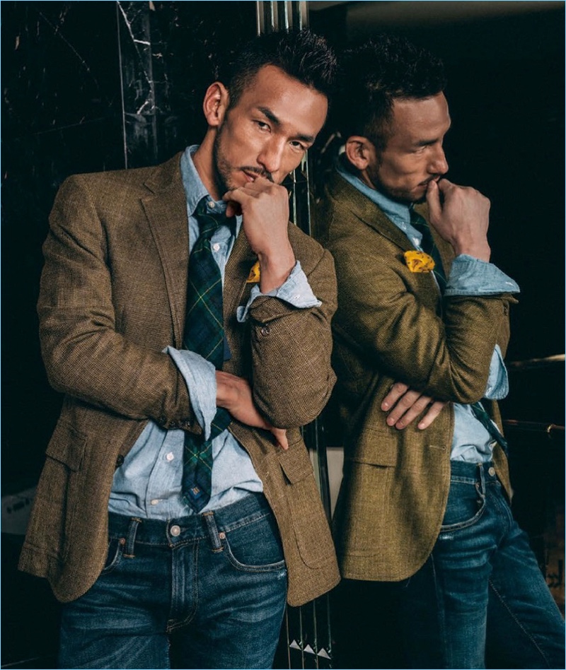 Connecting with Esquire Taiwan, Hidetoshi Nakata sports a preppy POLO Ralph Lauren look.