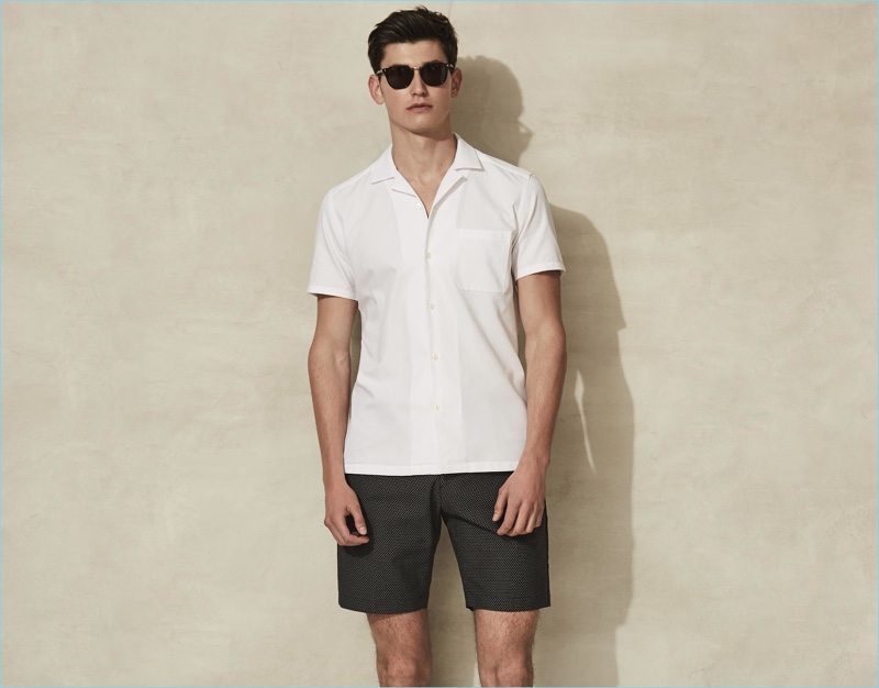 Making a case for monochromatic style, Reiss pairs its white Cuban-collar shirt with a pair of jacquard weave shorts.