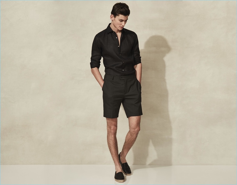 Black on black reigns with a slim linen shirt and tailored shorts from Reiss.